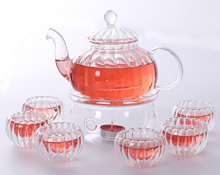 Tchaba Pumpkin Glass Tea Pot Set with Infuser + 6 Tea Cups