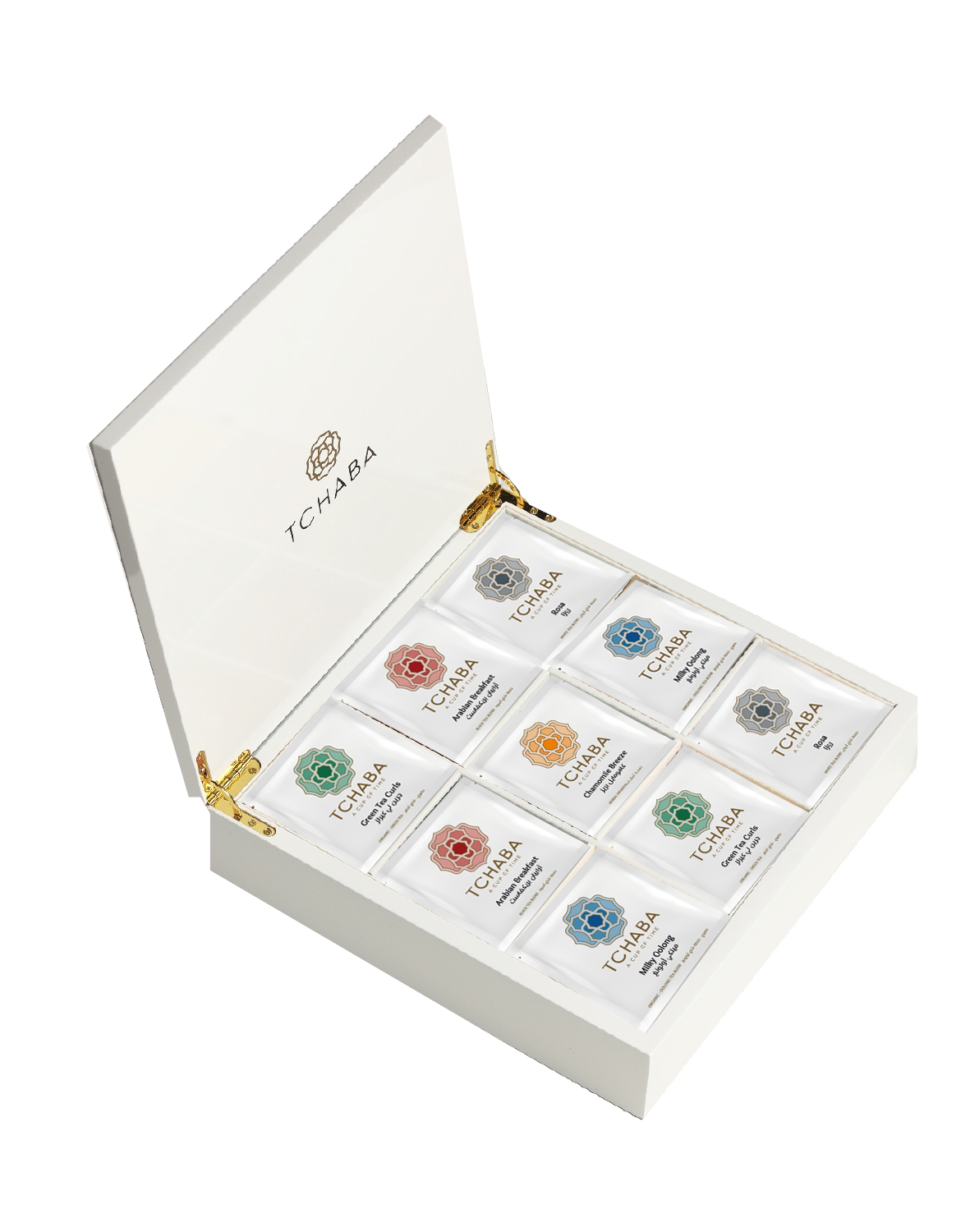 TCHABA Luxury Tea Box White with Selected of 72 Sachets AM, PM & Herbal