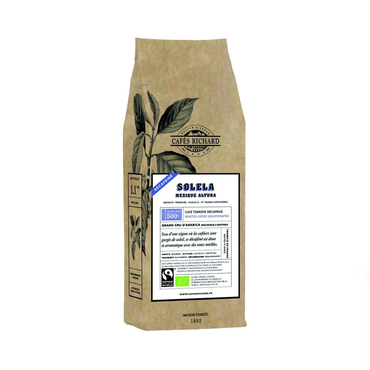 Cafés Richard Solela decaf Organic & fairtrade Coffee Beans 500g